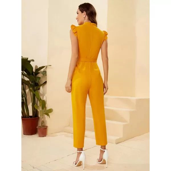 WDIRARA Women's Sleeveless Mock Neck Ruffle Trim Belted Cropped Jumpsuit Romper