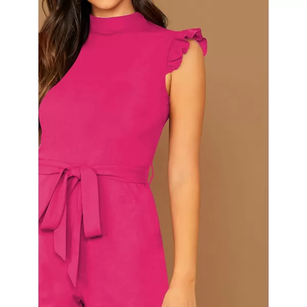 WDIRARA Women's Sleeveless Mock Neck Ruffle Trim Belted Cropped Jumpsuit Romper