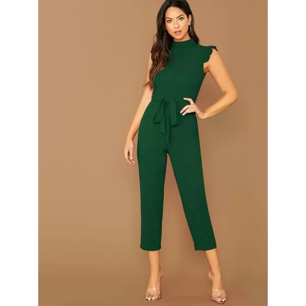 WDIRARA Women's Sleeveless Mock Neck Ruffle Trim Belted Cropped Jumpsuit Romper