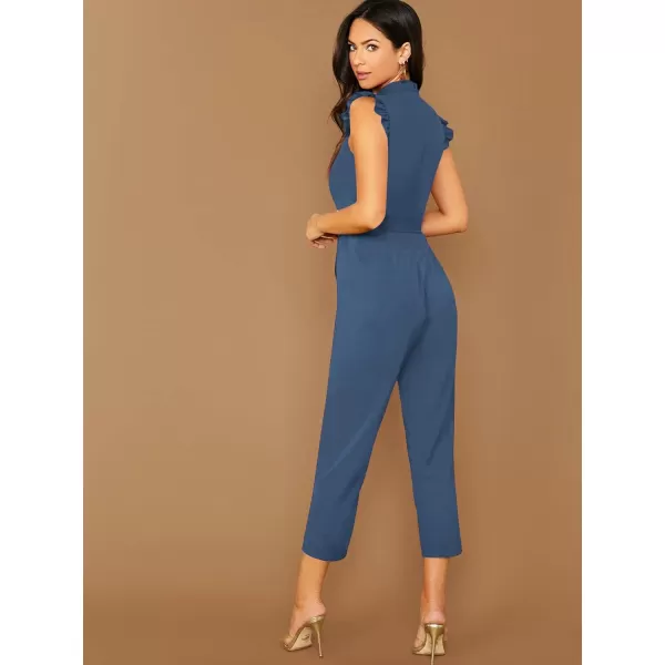 WDIRARA Women's Sleeveless Mock Neck Ruffle Trim Belted Cropped Jumpsuit Romper