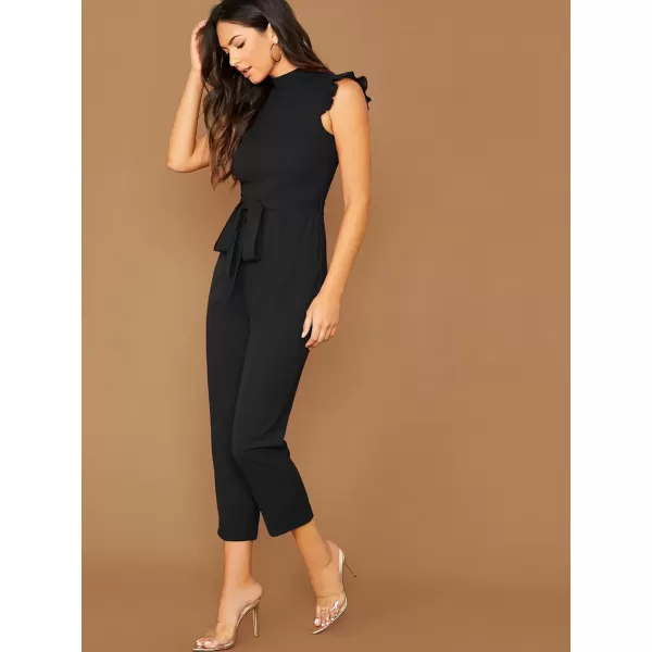 WDIRARA Women's Sleeveless Mock Neck Ruffle Trim Belted Cropped Jumpsuit Romper
