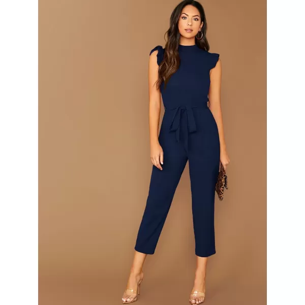 WDIRARA Women's Sleeveless Mock Neck Ruffle Trim Belted Cropped Jumpsuit Romper