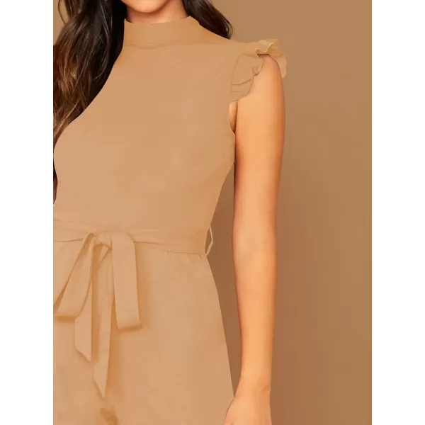 WDIRARA Women's Sleeveless Mock Neck Ruffle Trim Belted Cropped Jumpsuit Romper