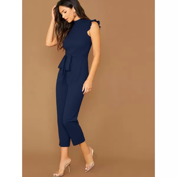 WDIRARA Women's Sleeveless Mock Neck Ruffle Trim Belted Cropped Jumpsuit Romper