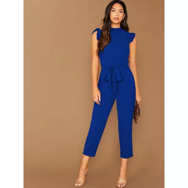 WDIRARA Women's Sleeveless Mock Neck Ruffle Trim Belted Cropped Jumpsuit Romper