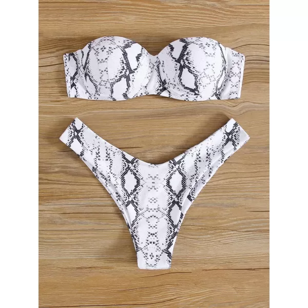 WDIRARA Women's Snakeskin Print Push Up Strapless Bandeau Bikini High Cut 2 Piece Swimsuit