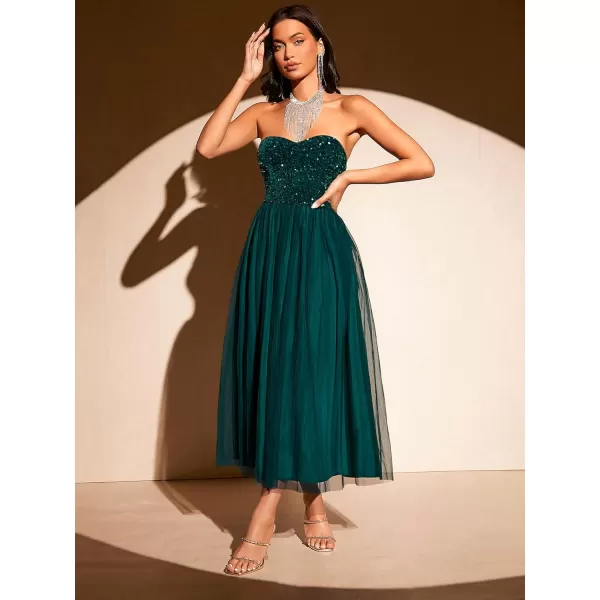 WDIRARA Women's Solid Mesh Strapless Backless Tube Bodycon Party Midi Club Dress