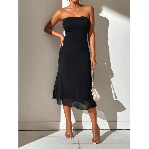 WDIRARA Women's Solid Mesh Strapless Backless Tube Bodycon Party Midi Club Dress