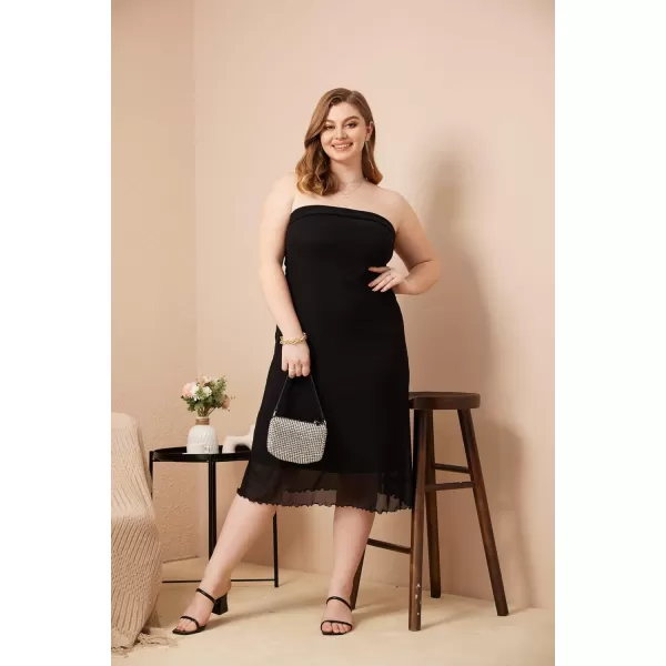 WDIRARA Women's Solid Mesh Strapless Backless Tube Bodycon Party Midi Club Dress