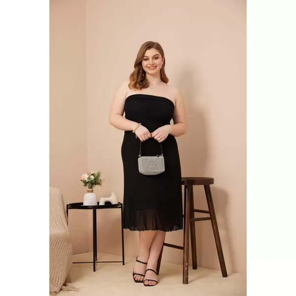 WDIRARA Women's Solid Mesh Strapless Backless Tube Bodycon Party Midi Club Dress