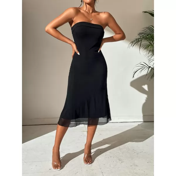 WDIRARA Women's Solid Mesh Strapless Backless Tube Bodycon Party Midi Club Dress