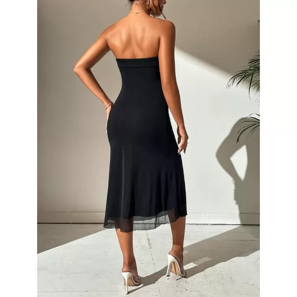 WDIRARA Women's Solid Mesh Strapless Backless Tube Bodycon Party Midi Club Dress