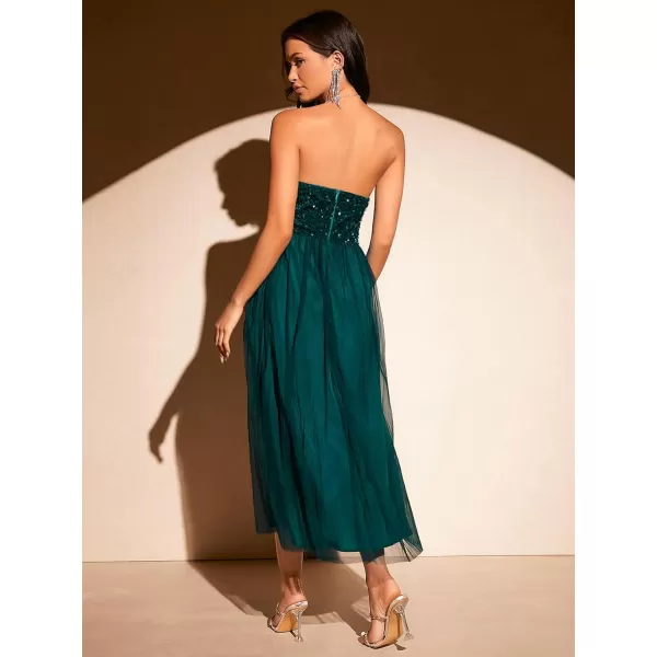WDIRARA Women's Solid Mesh Strapless Backless Tube Bodycon Party Midi Club Dress