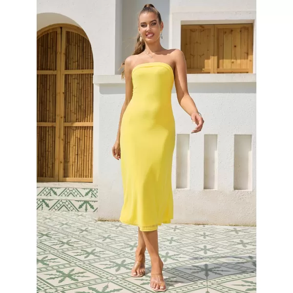 WDIRARA Women's Solid Mesh Strapless Backless Tube Bodycon Party Midi Club Dress