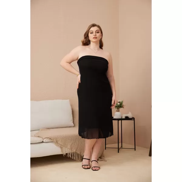 WDIRARA Women's Solid Mesh Strapless Backless Tube Bodycon Party Midi Club Dress