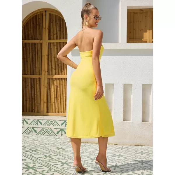WDIRARA Women's Solid Mesh Strapless Backless Tube Bodycon Party Midi Club Dress