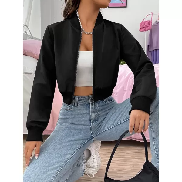 WDIRARA Women's Solid Zip Up Long Sleeve Bomber Jacket Cropped Lightweight Jackets