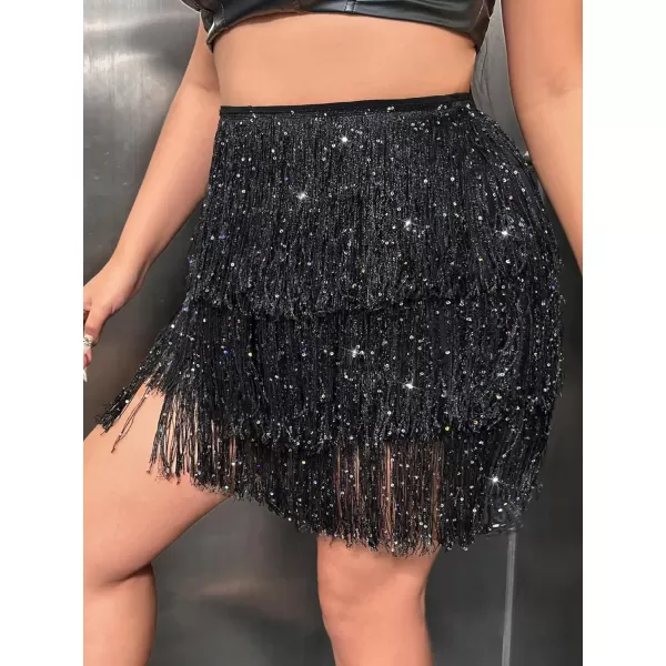 WDIRARA Women's Sparkle Sequins Layer Fringe Trim High Waisted Summer Party Plus Size Shorts