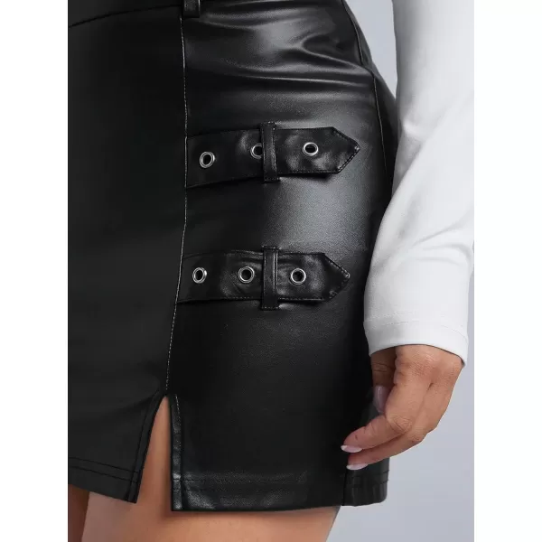 WDIRARA Women's Split Hem Eyelet Belt Side Pu Leather Party Club Bodycon Mini Skirt