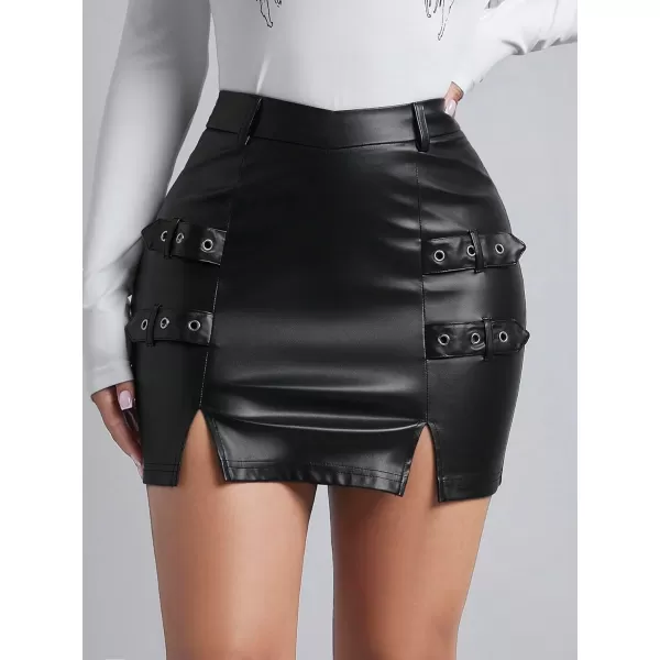 WDIRARA Women's Split Hem Eyelet Belt Side Pu Leather Party Club Bodycon Mini Skirt