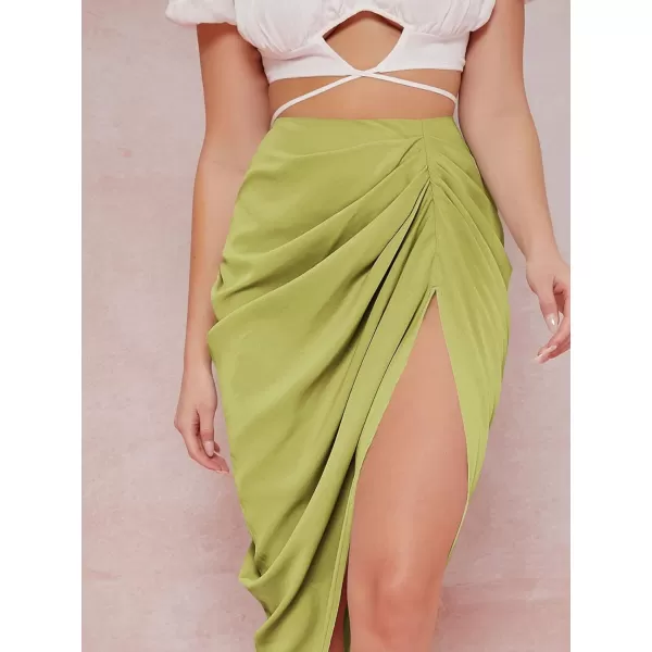 WDIRARA Women's Split Thigh Front Satin High Waist Ruched Zip Back Bodycon Midi Skirt
