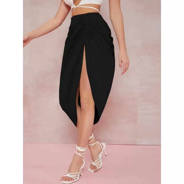 WDIRARA Women's Split Thigh Front Satin High Waist Ruched Zip Back Bodycon Midi Skirt