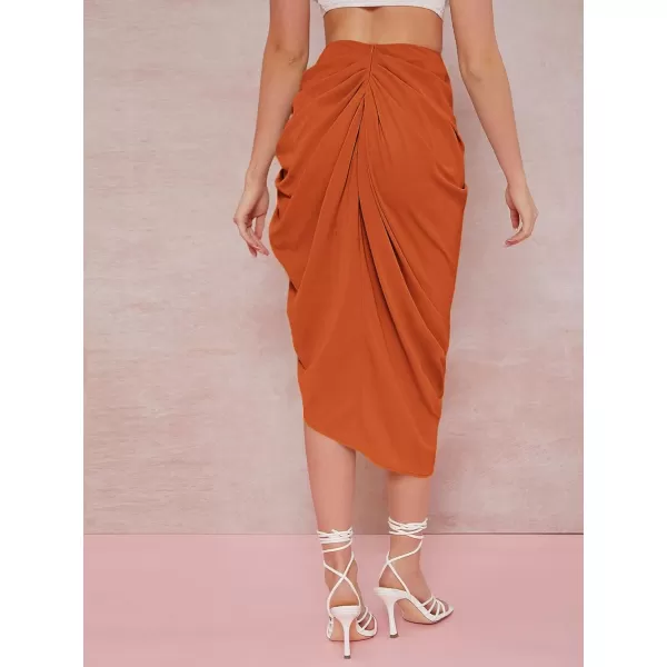 WDIRARA Women's Split Thigh Front Satin High Waist Ruched Zip Back Bodycon Midi Skirt