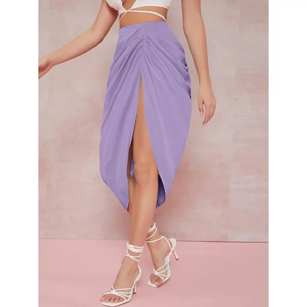 WDIRARA Women's Split Thigh Front Satin High Waist Ruched Zip Back Bodycon Midi Skirt