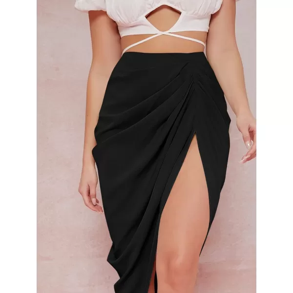 WDIRARA Women's Split Thigh Front Satin High Waist Ruched Zip Back Bodycon Midi Skirt