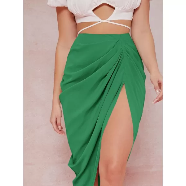 WDIRARA Women's Split Thigh Front Satin High Waist Ruched Zip Back Bodycon Midi Skirt