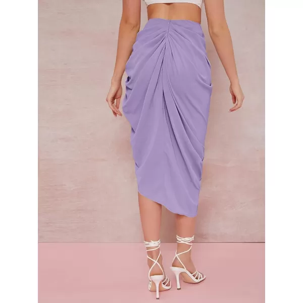 WDIRARA Women's Split Thigh Front Satin High Waist Ruched Zip Back Bodycon Midi Skirt