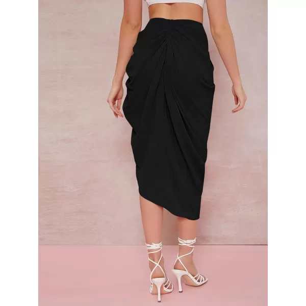 WDIRARA Women's Split Thigh Front Satin High Waist Ruched Zip Back Bodycon Midi Skirt