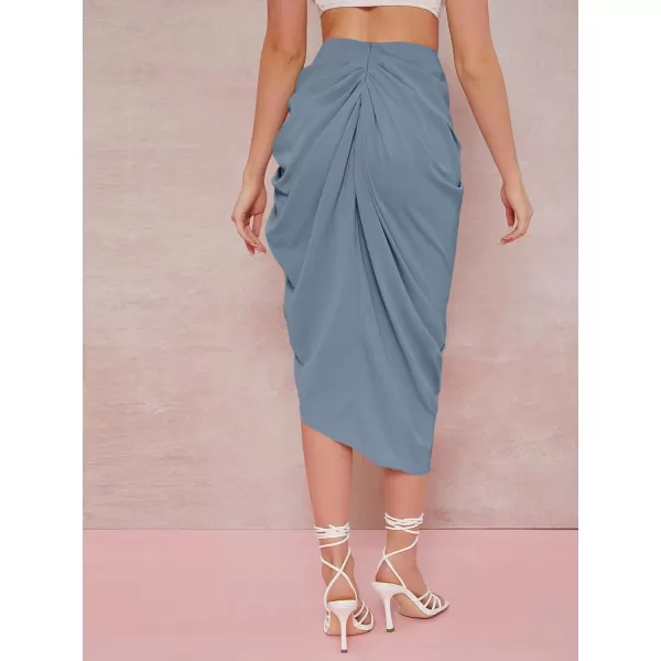 WDIRARA Women's Split Thigh Front Satin High Waist Ruched Zip Back Bodycon Midi Skirt