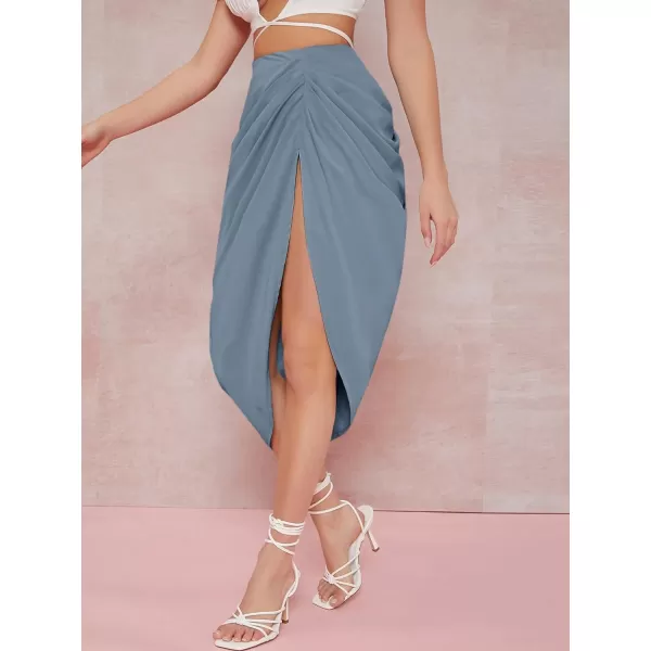 WDIRARA Women's Split Thigh Front Satin High Waist Ruched Zip Back Bodycon Midi Skirt