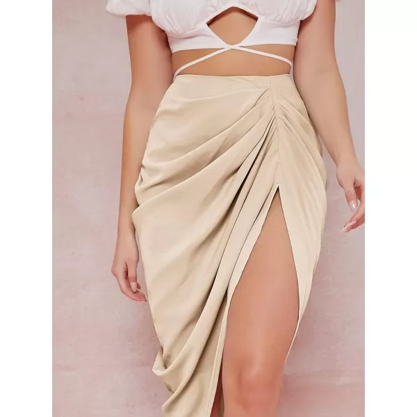 WDIRARA Women's Split Thigh Front Satin High Waist Ruched Zip Back Bodycon Midi Skirt
