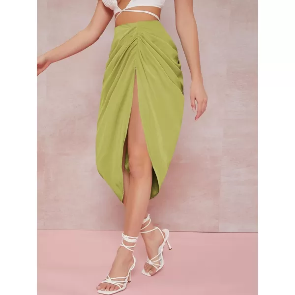 WDIRARA Women's Split Thigh Front Satin High Waist Ruched Zip Back Bodycon Midi Skirt