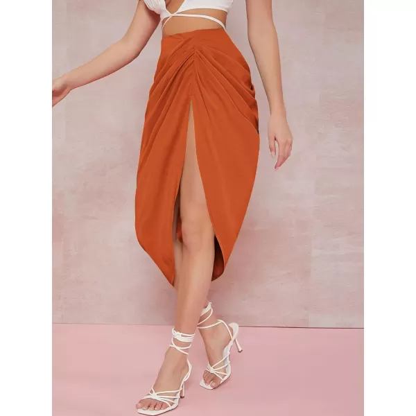 WDIRARA Women's Split Thigh Front Satin High Waist Ruched Zip Back Bodycon Midi Skirt