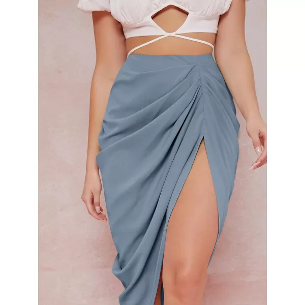 WDIRARA Women's Split Thigh Front Satin High Waist Ruched Zip Back Bodycon Midi Skirt