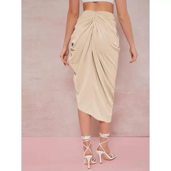 WDIRARA Women's Split Thigh Front Satin High Waist Ruched Zip Back Bodycon Midi Skirt
