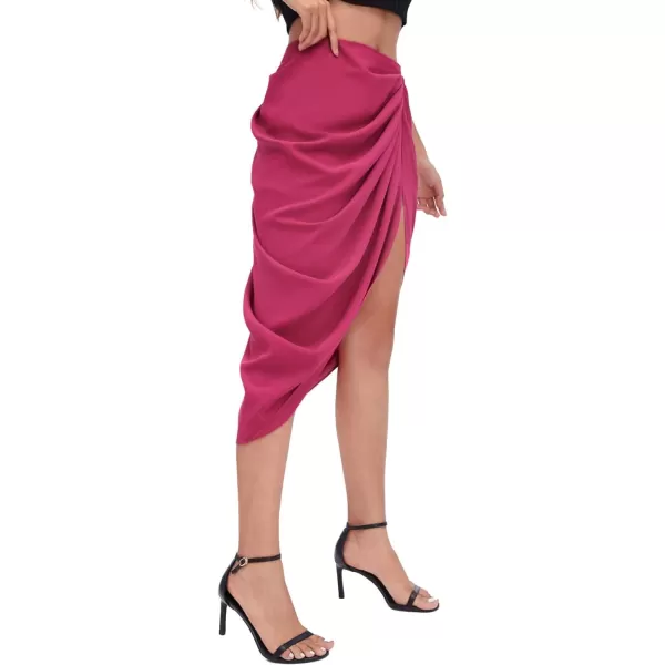 WDIRARA Women's Split Thigh Front Satin High Waist Ruched Zip Back Bodycon Midi Skirt