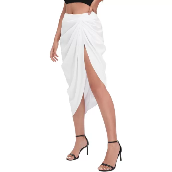 WDIRARA Women's Split Thigh Front Satin High Waist Ruched Zip Back Bodycon Midi Skirt
