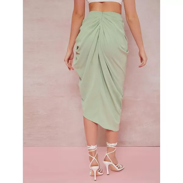 WDIRARA Women's Split Thigh Front Satin High Waist Ruched Zip Back Bodycon Midi Skirt