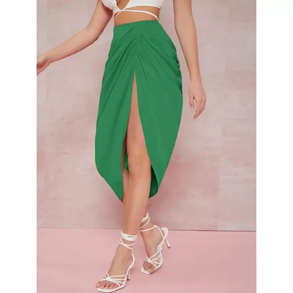 WDIRARA Women's Split Thigh Front Satin High Waist Ruched Zip Back Bodycon Midi Skirt