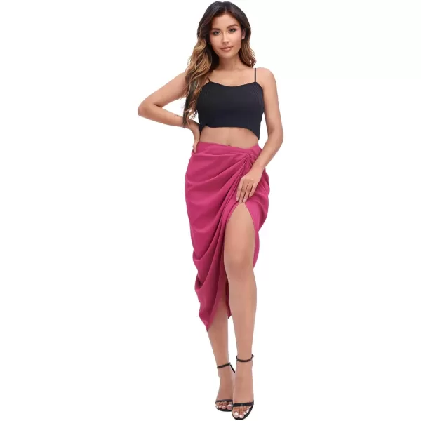 WDIRARA Women's Split Thigh Front Satin High Waist Ruched Zip Back Bodycon Midi Skirt