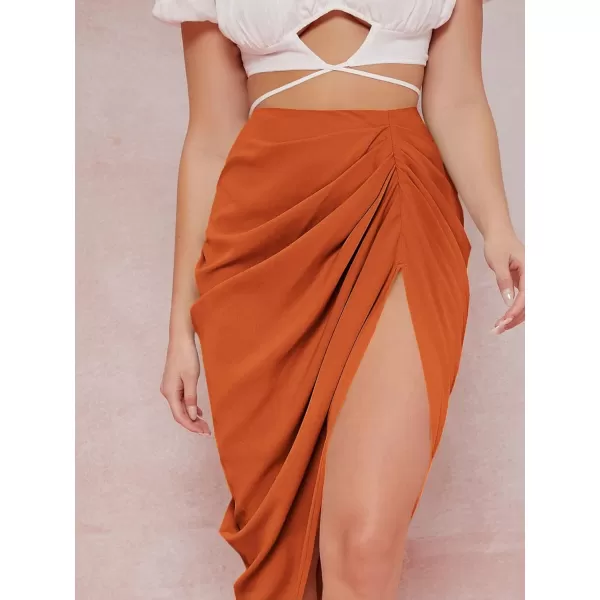 WDIRARA Women's Split Thigh Front Satin High Waist Ruched Zip Back Bodycon Midi Skirt