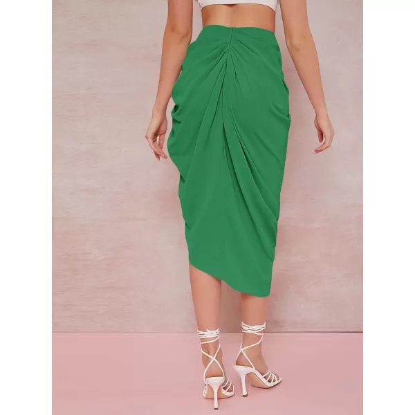 WDIRARA Women's Split Thigh Front Satin High Waist Ruched Zip Back Bodycon Midi Skirt