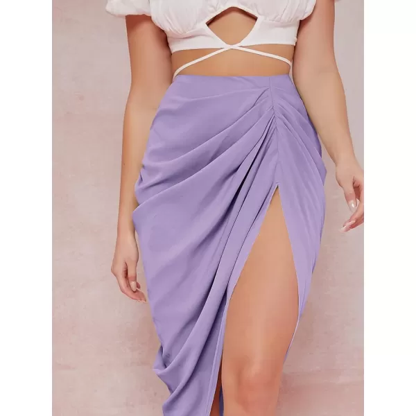 WDIRARA Women's Split Thigh Front Satin High Waist Ruched Zip Back Bodycon Midi Skirt