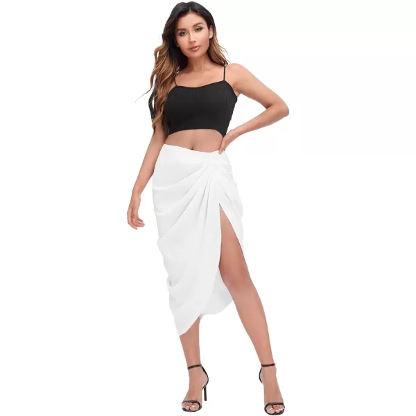 WDIRARA Women's Split Thigh Front Satin High Waist Ruched Zip Back Bodycon Midi Skirt