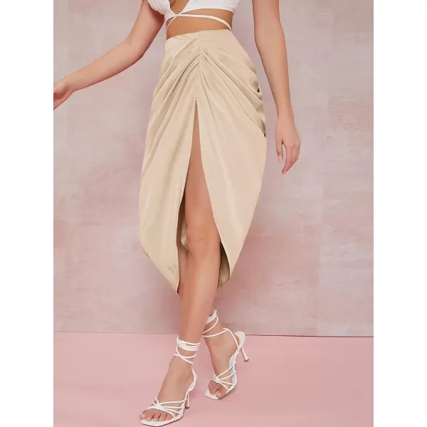 WDIRARA Women's Split Thigh Front Satin High Waist Ruched Zip Back Bodycon Midi Skirt