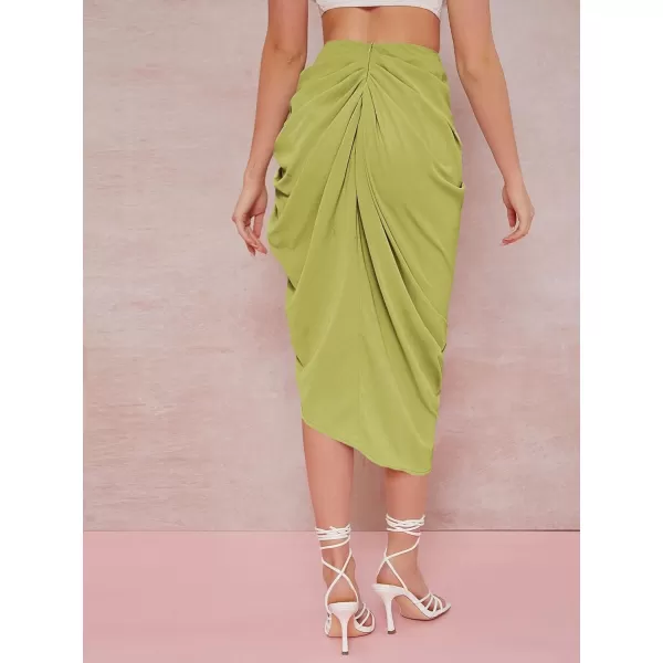 WDIRARA Women's Split Thigh Front Satin High Waist Ruched Zip Back Bodycon Midi Skirt